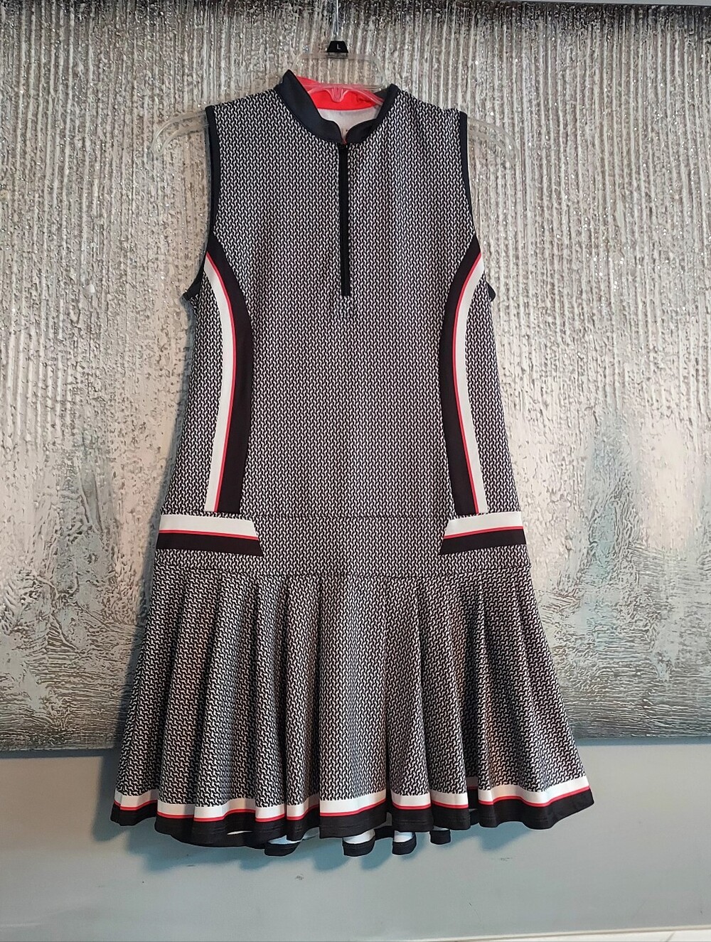 Lucky In Love Golf Sleeveless Black & White Patterned Flare Dress with Red Trim